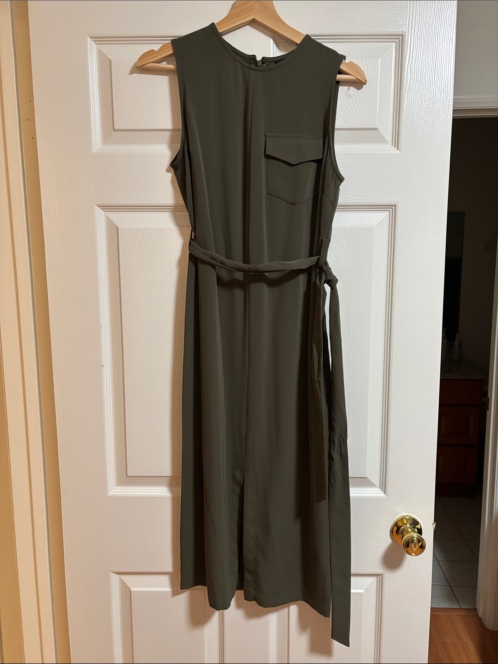 Sleeveless Olive Midi Dress with Waist Tie